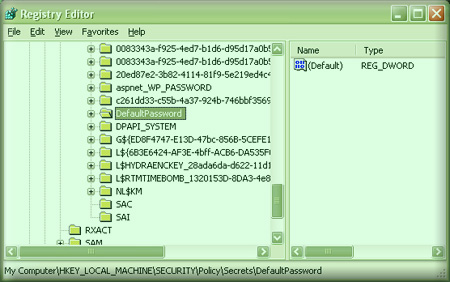 regedit showing defaultpassword